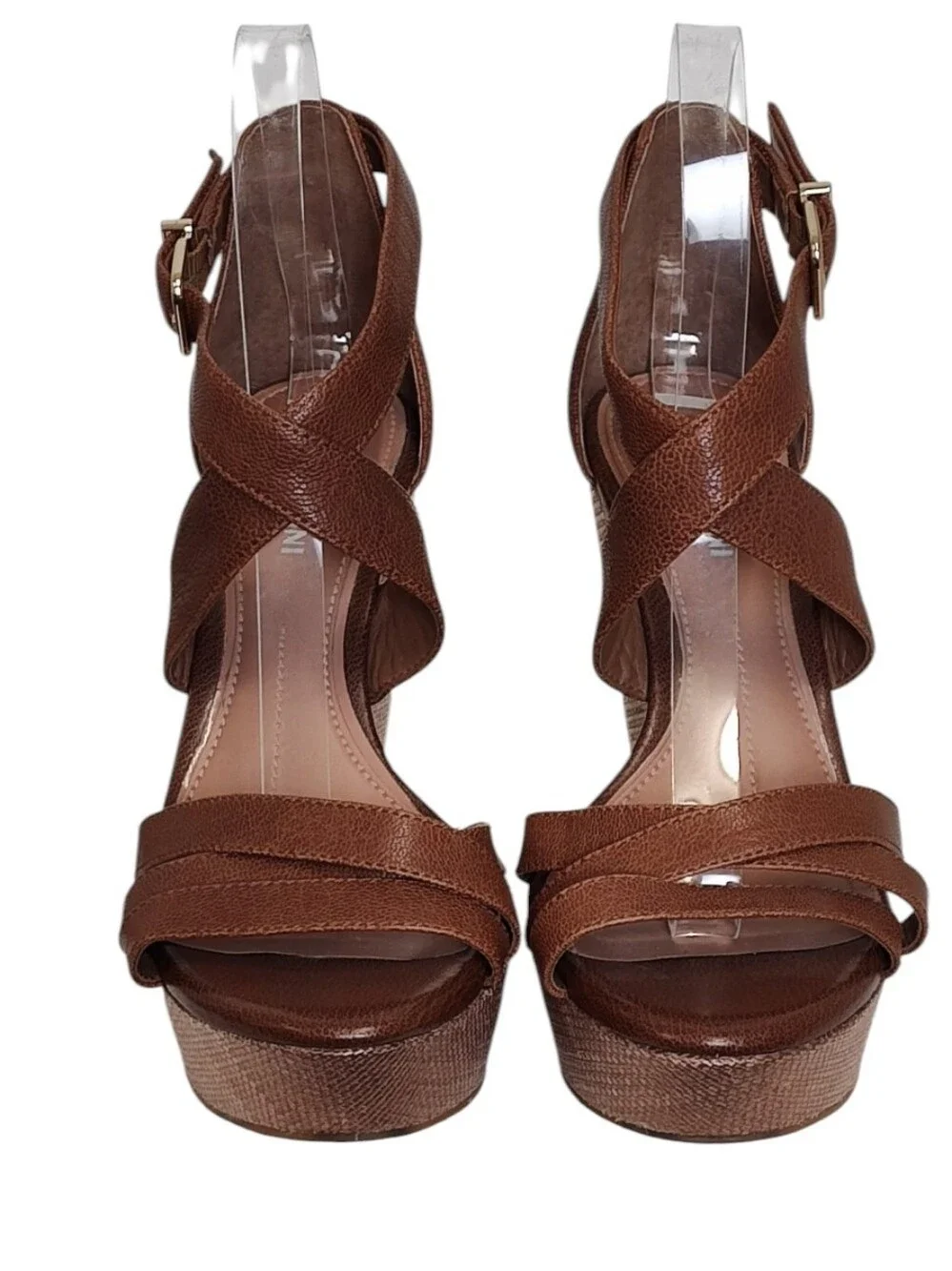 Gianni Bini Brown Leather Crisscross Strappy Platform Wedges 7.5